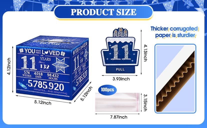 11 Happy Birthday Money Box for Cash Gift, 11th Birthday Decorations for Boys and Girls, Gifts for 11 Year Old Boy, Boy Gift Ideas, Cool Things for Teen -Blue with 100PCS Bags