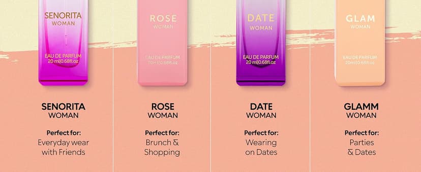 BellaVita Luxury Women's Perfume Gift Set (4x20ml) | Notes of Floral, Sweet, Spicey Red Fruit, Vanilla & Musk | DATE, SENORITA, GLAM & ROSE | French Parfum Collection Gift Set