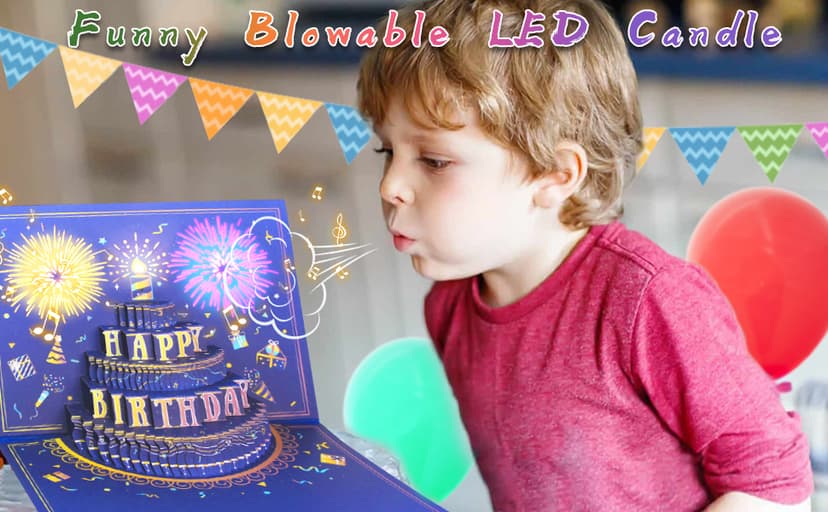 UPGRADED 3D Pop Up Firework Birthday Cards, Musical LED Lights Birthday Cards with Blowable Birthday Cake, Greeting Cards, Birthday Gifts for Mom Women Men Kids Child Dad Father Wife