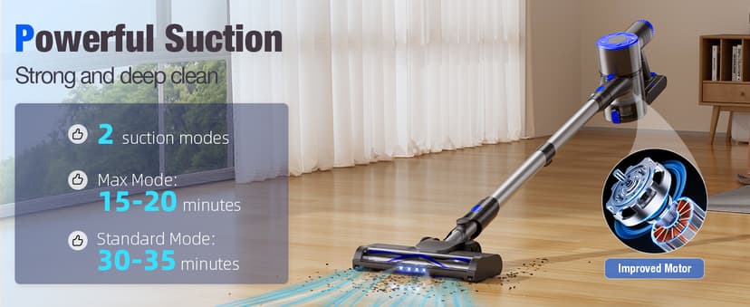 Cordless Vacuum Cleaner, Upgraded 40Kpa Stick Vacuum Cleaners for Home, 8 in 1 Lightweight with Self-Standing, 1.5L Dust Cup & Anti-tangle, Rechargeable Vacuum for Hard Floors Carpets Pet Hair