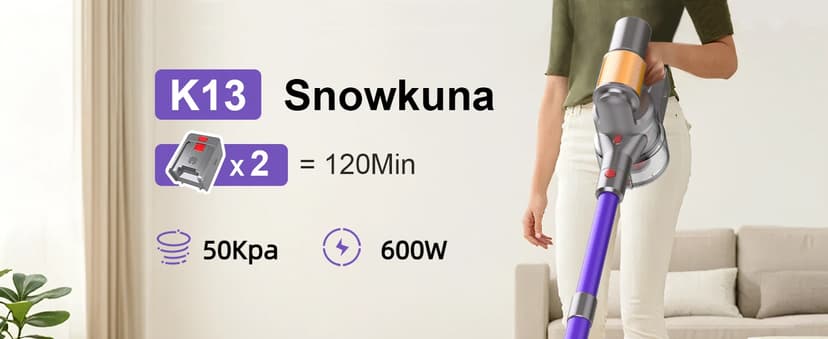 Cordless Vacuum Cleaner, 2 Batteries 120 Mins Runtime, 600W 50KPA Stick Vacuum with Self-Standing, Tangle-Free Brush, LED Display, Vacuum Cleaner for Home Hardwood Floor, Carpet, Pet Hair