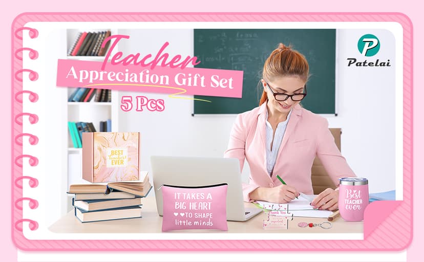 Patelai 5 Pcs Teacher Appreciation Gift Set for Women End of The Year Teacher Gifts Include 12oz Tumbler Makeup Bag Acrylic Sign Keychain Gift Box Thank You Presents for Teachers' Day Birthday(Teal)