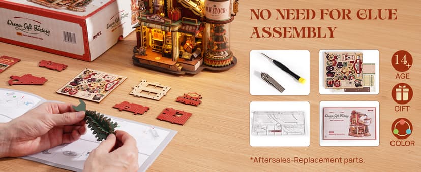 ROKR 3D Puzzle for Adults Christmas Style Dream Gift Factory Wooden Model Kit Luminous Factory DIY Dollhouse Kit Building with Music, Lights and 5 Elves for Teens & Kids