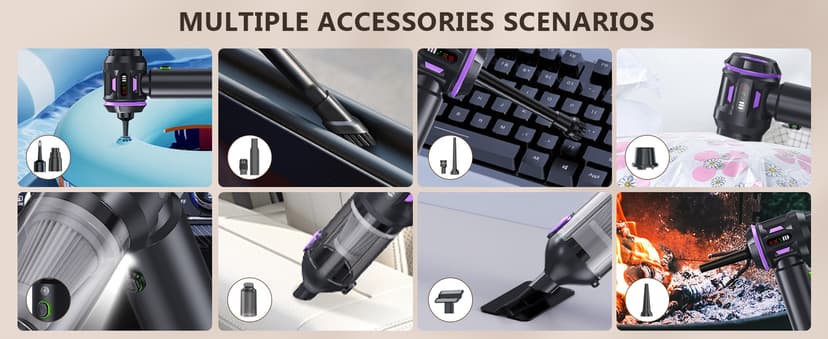 22000PA High Power Cordless Handheld Vacuum & Car Vacuum Cleaner, 4-in-1 Air Duster & Inflator with Brushless Motor, USB-C Charging, LED Light, for Home, Car, Pet, Black Purple