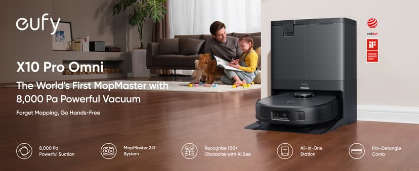 eufy X10 Pro Omni Robot Vacuum and Mop Combo, Incredible Suction, Dual Mops with 12 mm Auto-Lift and Carpet Detection, AI Obstacle Avoidance, Auto Mop Washing&Drying, Self-Emptying, Self-Refilling
