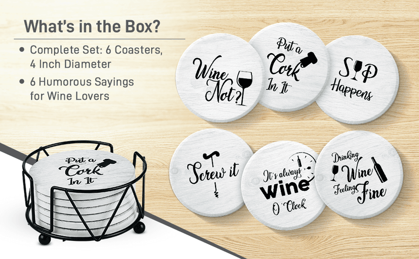 Coasters for Drinks Absorbents with Holder - 6 Pcs Gift Set with 6 Funny Sayings for Wine Lovers - Ceramic Stone with Corked Back, Unique Present for Housewarming, Living Room Decor