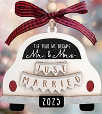 Pawzity Wedding Gifts - Mr and Mrs Gifts - Wedding Gift for Couples 2025, Bride - First Christmas Married Ornament 2025 - Bridal Shower Bride Gift for Newlywed - Wood Married Ornament