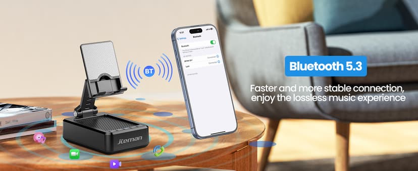 JTEMAN Cell Phone Stand with Bluetooth Speaker and Charging Function,Bluetooth Audio Power Bank Bracket,Birthday Gifts for Men Women,Kitchen Gadgets for Most Phones and Tablets-Black