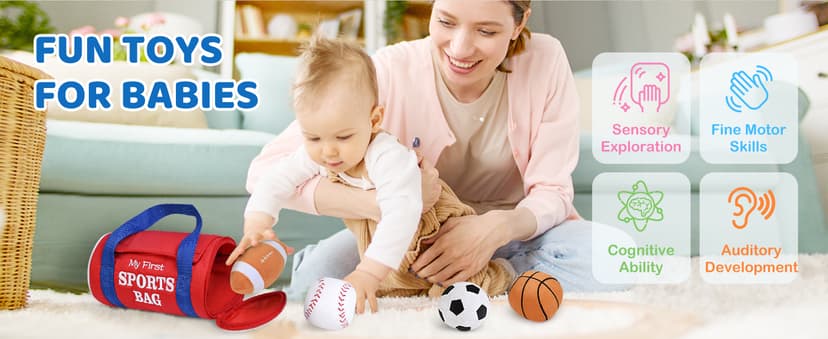 KMUYSL Baby Toys 0-12 Months, My First Sports Bag Plush Toy - 4 Sensory Balls Soft Toys with Crinkle, Rattles for 0-3-6-9-12 Month Newborn Infant, 1st Birthday for Babies Boys Girls Age 1