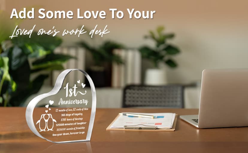 1 Year Anniversary Wedding Gifts for Boyfriend Girlfriend, One Year 1st Anniversary Romantic Gifts for Him Her, Heart Shaped Acrylic Block for Couple Husband Wife, Penguin Keepsake