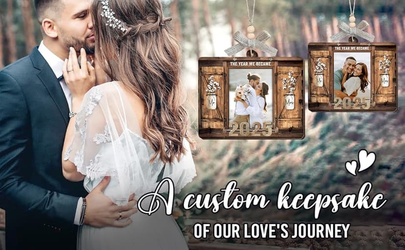 Personalized Wedding Gifts for Couples 2025 - Marriage Customized Wood Ornaments with Photos, Bridal Shower Gifts for Bride, Mr and Mrs Engagement Gift, Personalized Picture Frame