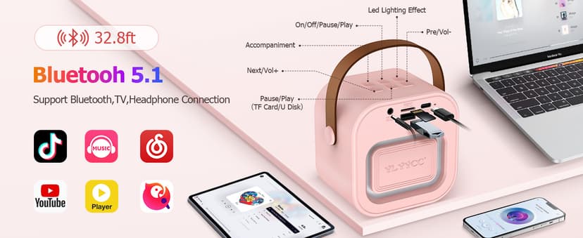 Mini Karaoke Machine with 2 Wireless Microphone, Portable Pink Bluetooth Speaker for Kids Adult, Birthday Teen Toys Gifts Ideas for Girls Ages 4 5 6 7 8 9 10 11 12+ Year Old, Family Home Party