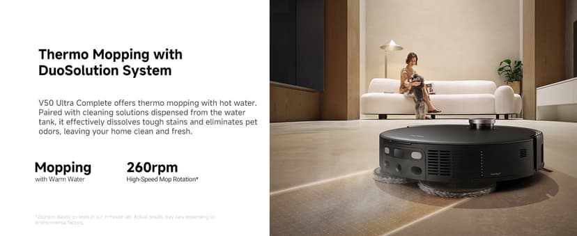 Mova V50 Ultra Complete Robot Vacuum and Mop Self-Cleaning, 24,000 Pa Suction, Liftable Navigation with Obstacle Overcoming and Warm Water Mopping with DuoSolution System Designed for Pets, Black