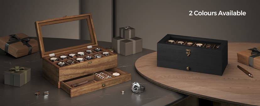 SONGMICS SONGMICS 12-Slot Watch Box, 2-Tier Watch Display Case with Large Glass Lid, Removable Watch Pillows, Velvet Lining, Jewelry Box, Gift Idea, Rustic Walnut UJOW012K01