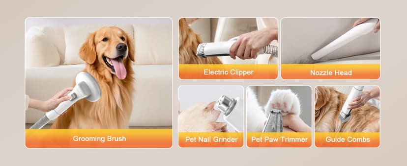 Dog Grooming Vacuum, Dog Grooming Kit with Pet Clipper Nail Grinder, 6 Pet Grooming Tools (Caramel)