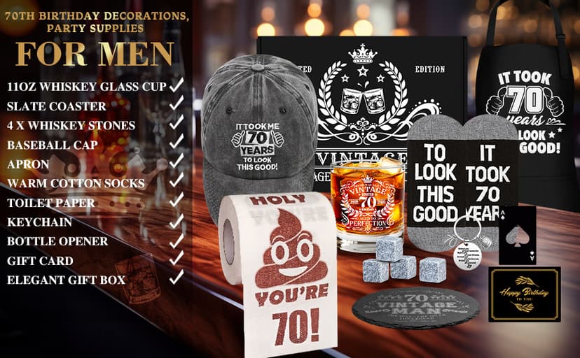 70th Birthday Gifts for Men Whiskey Glass Set, 70th Birthday Party Supplies with 11 Oz Whiskey Glass Coaster Stone Baseball Cap Apron Sock Funny Toilet Paper Keychain for Him, Dad, Husband, Friends