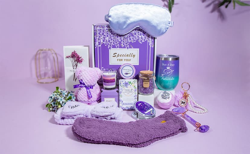 Birthday Gifts for Women,Gifts for Her Purple Gifts Basket for Women Lavender Relaxing Gift Set Self Care Package Unique Female Gift Ideas Birthday Presents Female Friendship Gifts