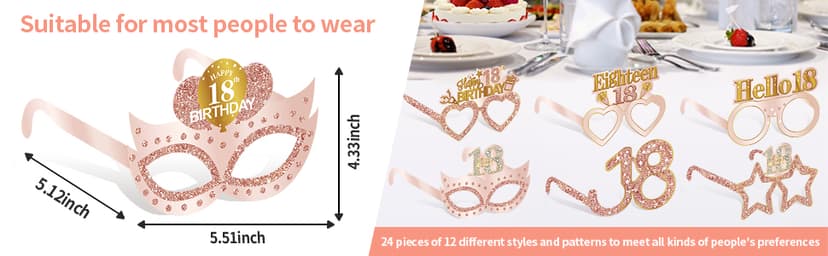 24PCS 18th Birthday Eyeglasses Decorations for Girls, Pink Rose Gold Happy 18th Birthday Paper Eyeglasses Party Supplies, Eighteen Year Old Bday Glasses Decor