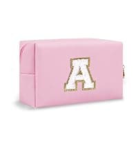 Small Personalized Initial A-Z Preppy Patch Makeup Bag,White PU Chenille Letter Travel Cosmetic Pouch with Zipper,Cute Toiletry Bag,Gift Ideal for Teen Girls Women Teacher Bridesmaid,Letter E