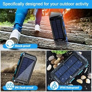 Solar Charger Power Bank, 20000mAh Portable Outdoor Waterproof Solar Battery Charger, Camping External Backup Battery Pack USB C Ports Input/Output, 2 Led Light Flashlight with Compass (Blue)