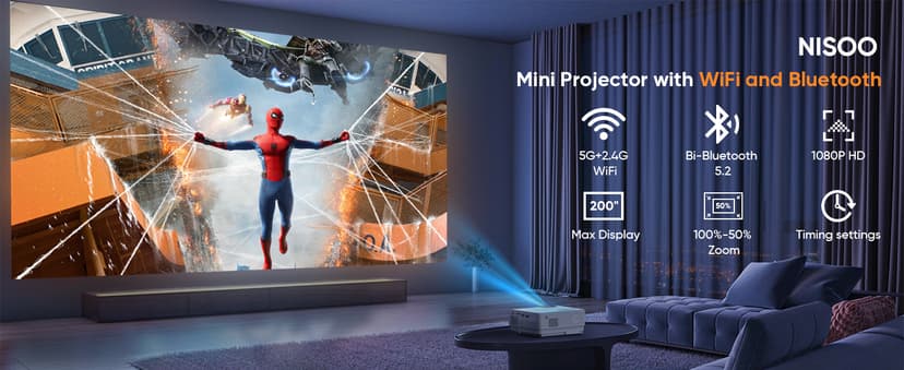 Projector with WiFi and Bluetooth, Upgrade Outdoor Projector, Mini Movie Projector Supports 1080P Synchronize Smartphone Screen by WiFi/USB Cable for Home Entertainment