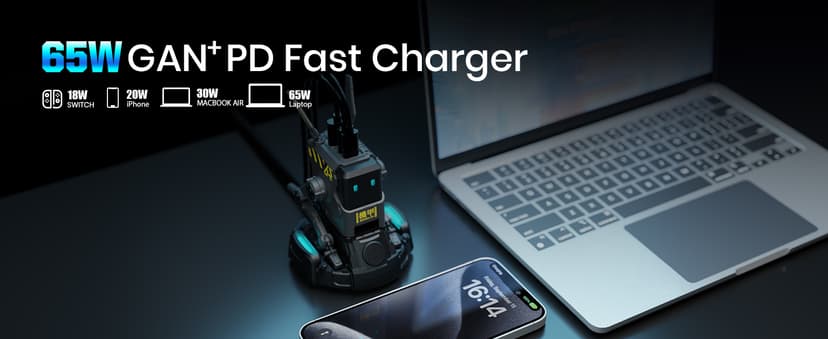 GravaStar 65W Alpha65 Robot Fast GaN Charger Block, 3-Port Fast Charger, Foldable Wall USB C Charger for iPhone, MacBook, iPad, Laptop, Steam Deck, Gifts for Men (65W, Gray)