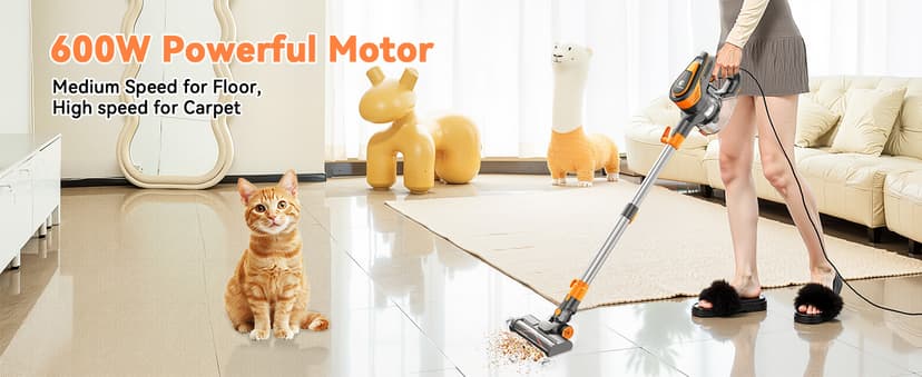23Ft Corded Vacuum Cleaner, 600W Powerful Self-Standing Stick Vacuum for Home with 20Kpa Suction, 2 Speeds Lightweight Household Vacuum Cleaner for Carpet,Hardwood Floors and Pet Hair