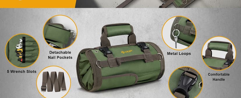 Tool Bag Roll Up, UUP Heavy Duty Portable Soft Tool Storage Organization, Foldable Empty Rollup Organizer with 2 Small Pouches, Rollable Carrying Toolbag, Dad Men Mechanic Welding Birthday Gift, Green