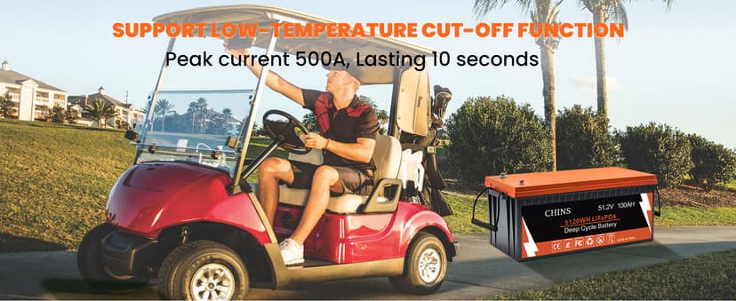 CHINS 48V Lithium Golf Cart Battery, 48 Volt 100Ah LiFePO4 Battery, Built-in Bluetooth 200A BMS, Includes 48V 18A Charger, Monitor, Perfect for Golf Carts