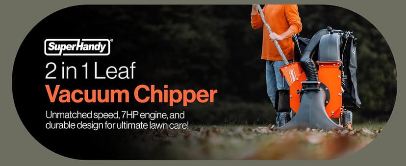 SuperHandy Leaf Vacuum & Wood Chipper - 7 HP 209CC Gas Engine, 10:1 Mulch Ratio, 6 Bushel Bag Capacity, Castor Wheels, Dual Function: Walk-Behind Leaf Vacuum Mulcher & Wood Chipper