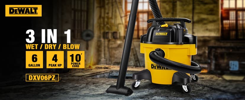 DEWALT DXV06PZ 4 Peak HP Shop Vacuums Wet/Dry, 6 Gallon Poly Wet/Dry Vac, Heavy-Duty Shop Vacuum with Blower Function Yellow+Black