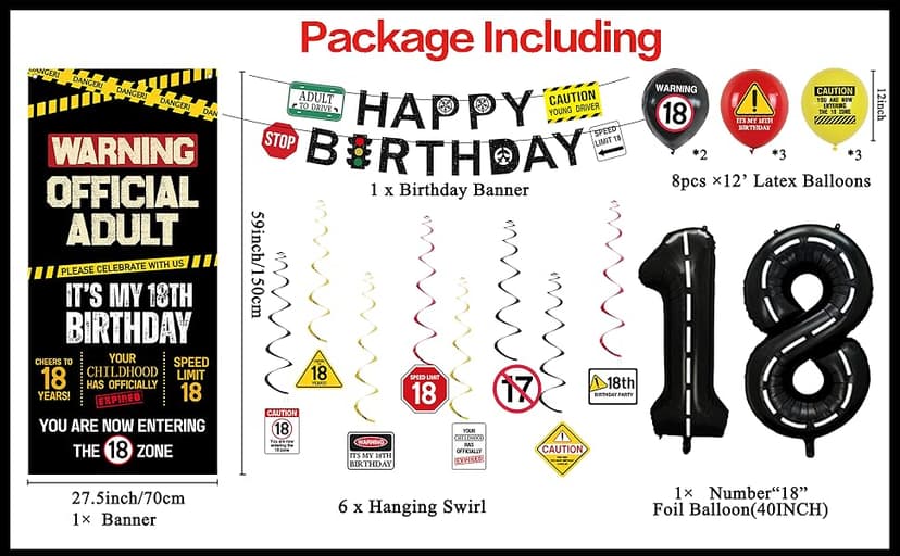Roetyce 18th Birthday Decorations for Boys Girls, Caution Logos Happy 18th Birthday Banner Backdrop Balloons Hanging Swirls Kit, 18 Years Old Party Yard Door Wall Cover Background