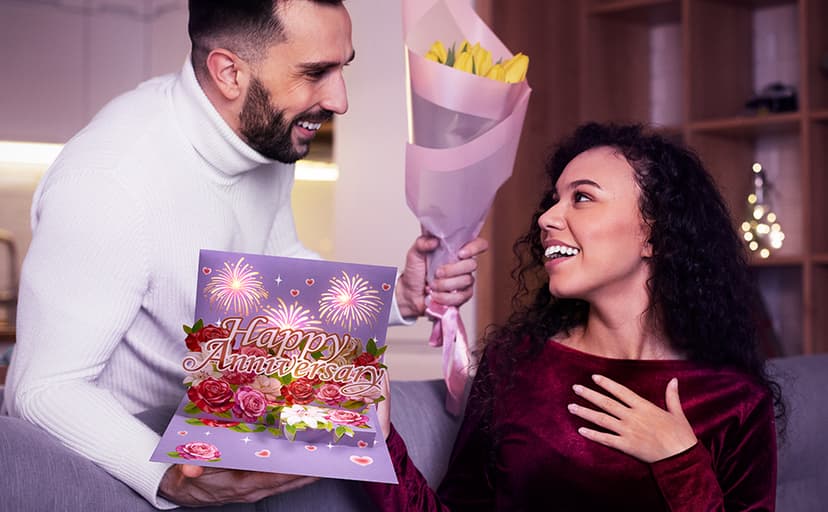 Airpark Anniversary Card with Music & Lights, 3D Pop Up Happy Anniversary Cards for Him Her Husband Wife Couple, Fireworks & Rose Lily Paper Flowers