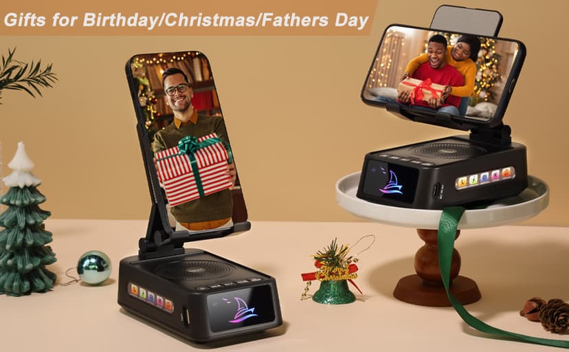 Gifts for Men Women, Cell Phone Stand with Bluetooth Speaker Led Light, Unique Gifts for Dad Him Husband Boyfriend, Cool Gadget Compatible with iPhone/Android, Ideal Gifts for Christmas