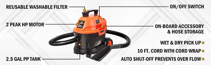 Armor All AA255W Wet/Dry Utility Vac 2.5 Gallon, 2.5-Gallon,120 Volts (AC), Orange/Black