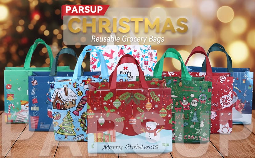 PARSUP 8PCS Christmas Gift Bags, Non-Woven Christmas Bags with Handles, Treat Tote for Gifts Wrapping Shopping, Xmas Party Supplies