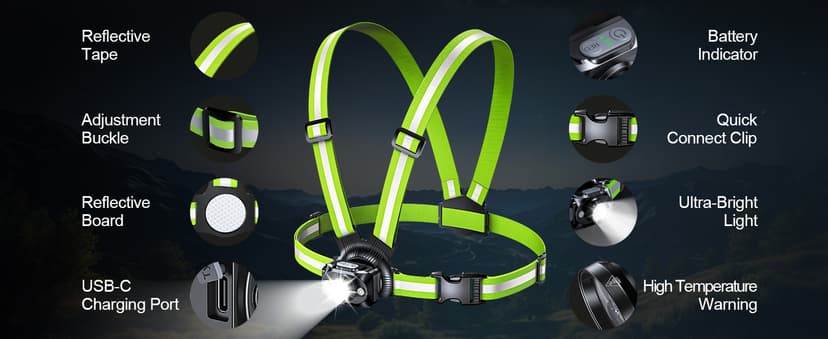 Running Lights for Runners, 500 Lumens Running Light with 45° Adjustable Tilt, 360° Reflective Vest & IPX4 Waterproof Rechargeable Light Up Gear for Night Walking/Cycling/Jogging/Hiking