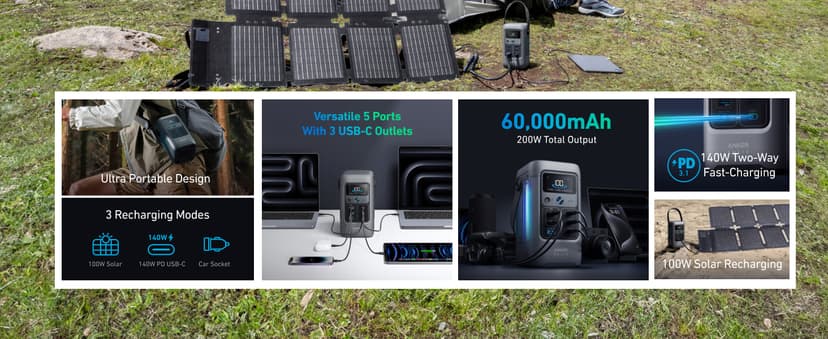 Anker SOLIX C200 DC Power Bank Station and 60W Solar Panel, 192Wh Portable Power Station, LiFePO4 Battery, 200W Solar Generator, for Outdoor, Camping, Traveling, and Emergencies