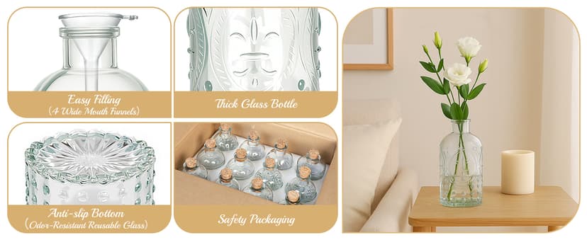 12 Pack 6oz Glass Bottles with Cork Stoppers, 200ml Clear Glass Liquor Bottles with 4 Vintage Patterns, Refillable Whiskey Bottles for Wine, Oil, Vinegar, Kombucha, Wedding Favors