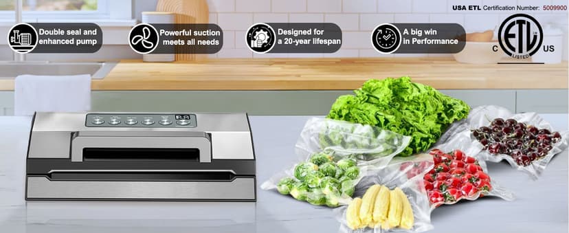 2025 Upgraded Precision Fast-Vacuum Sealer, LIWUNON Commercial Full Automatic Food Vacuum Sealer Machine, Double Heat Seal, Built-in Cutter&Bag Storage, Powerful Food Vacuum Saver, 2 Bag Rolls&hose