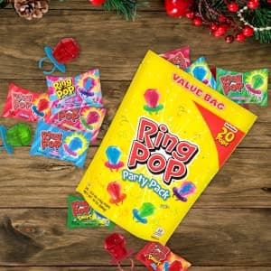 Ring Pop Candy, Christmas Lollipops, 20 Ct Party Favors in Assorted Fruity Flavors - Full Size, Bulk Variety Pack, Individually Wrapped Hard Candy For Stocking Stuffers, Holiday Gifts