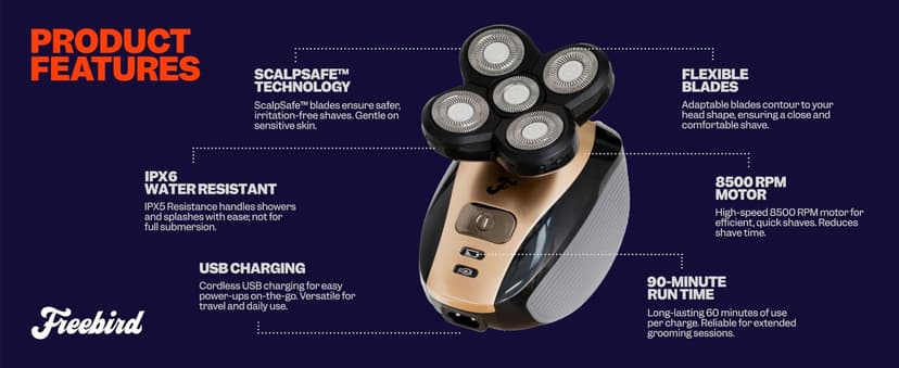 FlexSeries Electric Head & Body Hair Shaver - Mens Cordless Rechargeable Wet/Dry Skull Bald Head Back & Groin Waterproof Razor with Rotary Blades, Clippers, Nose Trimmer, Brush, Massager