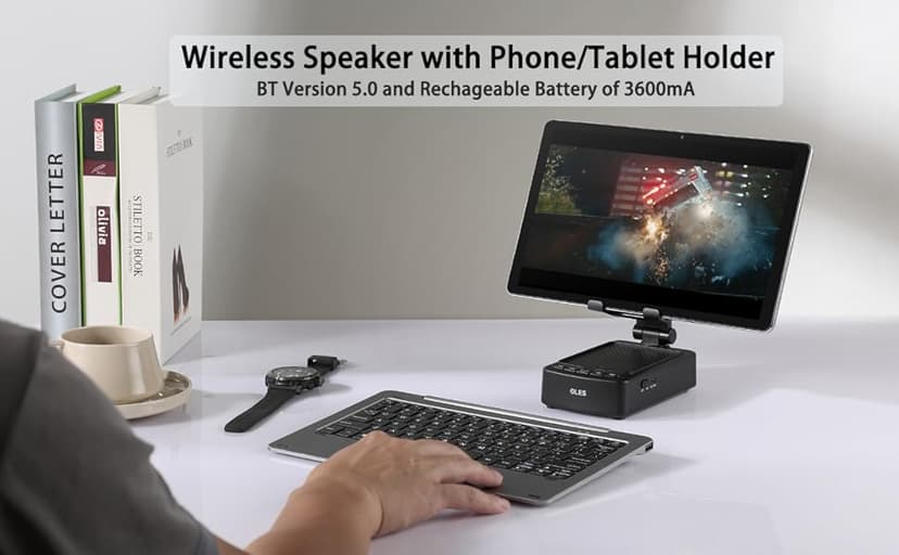 Gifts for Men, OLES Mobile Phone Stand with Bluetooth for Him Dad Women Who Want Nothing, Adjustable Tablet Holder with Wireless Speaker, Tech Gadgets for Table Desk, Unique Ideal