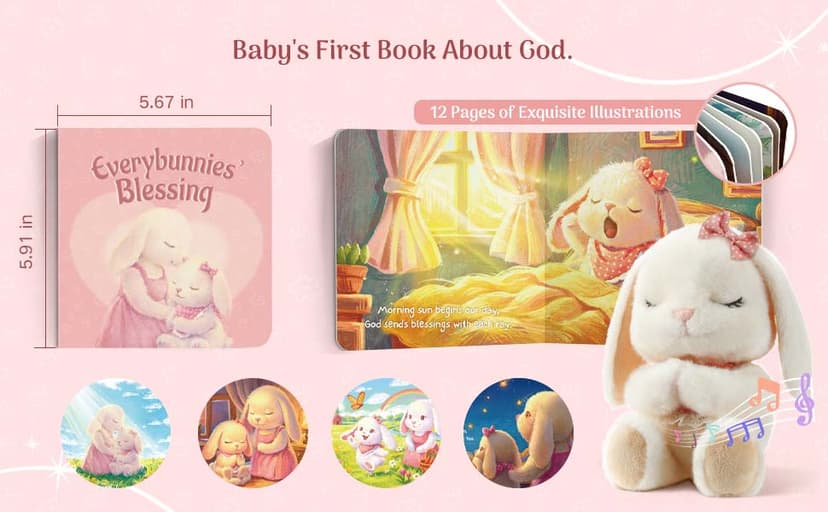 Baptism Gifts for Girl, Catholic Christening, Baby Dedication & Baptismal Gift Set for Baby Girls & Kids, with 9" Musical Praying Bunny Plush Toy & Everybunnies' Blessing Book in Keepsake Box