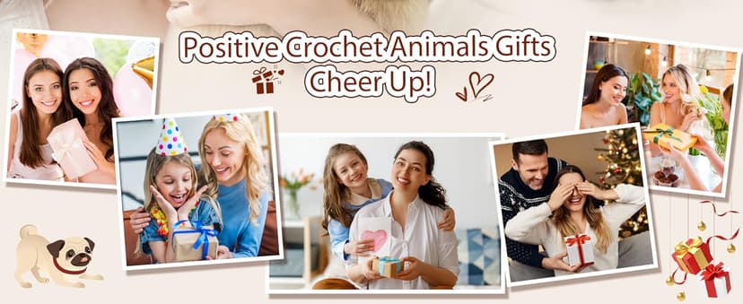 Positive Crochet Animals Puppy for Mom Women Friend Birthday, Emotional Inspirational Support Presents for Pet Lover Dog Mom Dad, Cute Handmade Tiny Pug Plush Doll