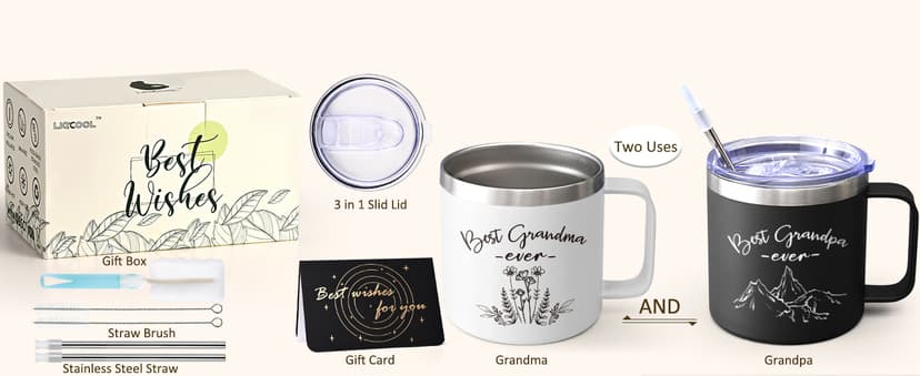 LiqCool Gifts for Grandparents, 14 Oz Best Grandma and Grandpa Insulated Mugs, Christmas Gifts for Grandparents, Grandma and Grandpa Gift from Grandkids Grandchildren(Black & White)