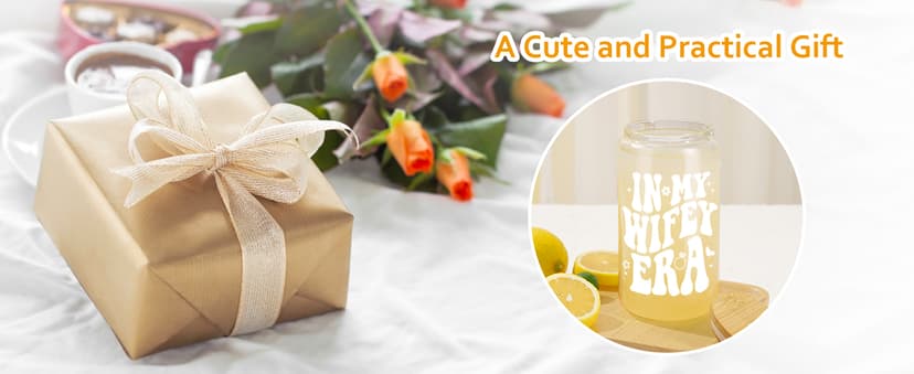 Fairy's Gift Wifey Era Cup, Wedding, Bride Gifts for Her, Bridal Shower, Engagement Gifts for Women, Couples, 16 oz Coffee Glass Cups w/Lids Straws, Bachelorette Presents for Bride to be, Future Mrs