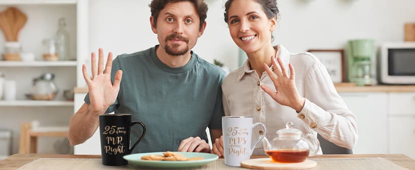 YHRJWN 25th Anniversary Presents, 25th Wedding Anniversary Presents for Couple Parents, 25th Mr Right Mrs Always Right Coffee Mugs, His and Hers Gifts, 14 Oz with Lids, Spoons and Gift Box