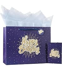 Black Birthday Gift Bag with Tissue Paper and Greeting Card, 13'x10.2'x4.9', Medium (1-Piece Set, Black Starry Sky, Unisex, Includes Card, Ribbon, Crinkle Paper)