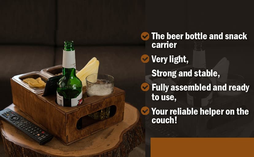 Wood Beer Box - Gift for Beer Lovers, Dad, Man, Him, Boyfriend- Drink Box Snacks Tray- Table Stand Caddy with slots for glasses, chips, nuts- Couch Organizer for Beverages, Remote Control, Phone stand